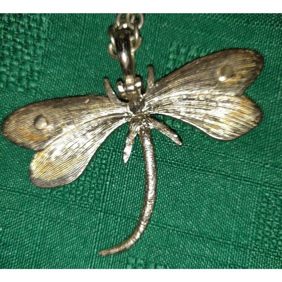 DragonFly Bug Necklace Costume Jewelry Yellow Silver Tone Good Luck Rhinestones - Picture 5 of 11